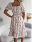 abordables Robes fleuries décontractées-Femme Robe mi-longue Robe Trapèze Robe de laitière Robe mi-longue Robe smockée Bohême Le style mignon mode Manche Gigot Vacances Intérieur Soirée Ajustable Floral Manche Courte Col Carré Noir Blanche