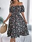 abordables Robes fleuries décontractées-Femme Robe mi-longue Robe Trapèze Robe de laitière Robe mi-longue Robe smockée Bohême Le style mignon mode Manche Gigot Vacances Intérieur Soirée Ajustable Floral Manche Courte Col Carré Noir Blanche