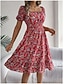 abordables Robes fleuries décontractées-Femme Robe mi-longue Robe Trapèze Robe de laitière Robe mi-longue Robe smockée Bohême Le style mignon mode Manche Gigot Vacances Intérieur Soirée Ajustable Floral Manche Courte Col Carré Noir Blanche