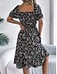 abordables Robes fleuries décontractées-Femme Robe mi-longue Robe Trapèze Robe de laitière Robe mi-longue Robe smockée Bohême Le style mignon mode Manche Gigot Vacances Intérieur Soirée Ajustable Floral Manche Courte Col Carré Noir Blanche