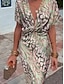 tanie Sukienki w paski i geometryczne-Damskie Sukienka maxi Półformalna sukienka Sukienka kopertowa Elegancki Codzienny Sukienki półformalne Formalny Urlop Impreza Regularny Graficzny Krótki rękaw W serek Jasnozielony Lato Wiosna
