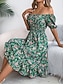 abordables Robes fleuries décontractées-Femme Robe mi-longue Robe Trapèze Robe de laitière Robe mi-longue Robe smockée Bohême Le style mignon mode Manche Gigot Vacances Intérieur Soirée Ajustable Floral Manche Courte Col Carré Noir Blanche