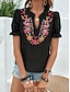 abordables Tops bohèmes-Femmes T-shirt A Volants Patchwork Broderie Fleuri Mode Moderne Occasionnel Manche Courte Encolure en V Hauts Réguliers Quotidien Week-end Noir Été