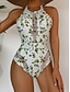 baratos Fatos de Banho 1 Peça-Mulheres Roupa de Banho 2 partes Monoquíni roupa de banho com saia Compressão abdominal Cintura Alta Delgado Frente Única Férias Roupa de Praia Floral Halter pescoço Sem Manga Fatos de banho