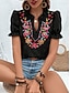 abordables Tops bohèmes-Femmes T-shirt A Volants Patchwork Broderie Fleuri Mode Moderne Occasionnel Manche Courte Encolure en V Hauts Réguliers Quotidien Week-end Noir Été