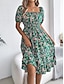 abordables Robes fleuries décontractées-Femme Robe mi-longue Robe Trapèze Robe de laitière Robe mi-longue Robe smockée Bohême Le style mignon mode Manche Gigot Vacances Intérieur Soirée Ajustable Floral Manche Courte Col Carré Noir Blanche
