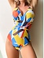 billiga One-piece-baddräkter-Dam Badkläder En bit Monokini Baddräkt Öppen rygg Magkontroll Hög midja Smal Semester Standkläder Geometrisk V-hals Ärmlös Baddräkter