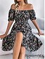 abordables Robes fleuries décontractées-Femme Robe mi-longue Robe Trapèze Robe de laitière Robe mi-longue Robe smockée Bohême Le style mignon mode Manche Gigot Vacances Intérieur Soirée Ajustable Floral Manche Courte Col Carré Noir Blanche
