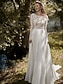 preiswerte Hochzeitskleider-Lässige Hochzeitskleider A-Linie Strandhochzeit Scalloped Neck Boho Barpque Spitze Langarm Sweep  Brush Train Spitze Brautkleider Falten Chiffon