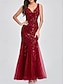 economico Matrimonio Informale / Di Giorno-Abiti per ospiti di matrimonio Sirena  Tromba Abito elegante Ospite di matrimonio Lunghezza Piena Senza maniche V Neck Pizzo con Applicazioni