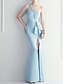 billige BLÅ-Mermaid  Trumpet Quinceanera Kjoler Elegant Kjole Bryllup Bryllup Gæst Gulvlængde Uden Ærmer En Skulder Polyester med Slids