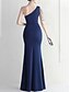 billige BLÅ-Mermaid  Trumpet Quinceanera Kjoler Elegant Kjole Bryllup Bryllup Gæst Gulvlængde Uden Ærmer En Skulder Polyester med Slids