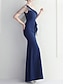billige BLÅ-Mermaid  Trumpet Quinceanera Kjoler Elegant Kjole Bryllup Bryllup Gæst Gulvlængde Uden Ærmer En Skulder Polyester med Slids