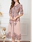 baratos Conjuntos de vestidos para mamãe-Vestido para Mãe da Noiva Vestido de Convidada de Casamento Estilo Chinês Elegante Decote em V Comprimento até o Joelho Mistura de Poliéster e Algodão Manga Curta com Bordado