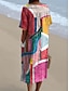 baratos Vestidos Listrados e Geométricos-Vestido Midi Feminino Vestido de Praia Vestido A Line Semelhante a Linho Férias Casual Praia Saindo Ajuste Solto Gráfico Geométrico Manga Curta V Neck Rosa Azul Caqui Verão