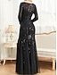 abordables NOIR-Robe mère de la mariée robe élégante pour la fête col rond longueur sol mélange coton manches longues avec sequins