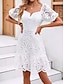 preiswerte Weiße Spitzenkleider-Damen Minikleid A Linie Kleid Sommerkleid Kleid mit Lochstickerei Urlaub Lässig Täglich Normale Passform Grafik Kurzarm V Ausschnitt Weiß Sommer