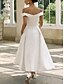 abordables Petits robes blanches-Petite Robe Blanche d&#039;Engagement Robes de Douche Nuptiale Robes de Mariage A-Line Sans Épaule Manche Courte Longueur Cheville Satin Robes de Mariée avec Plis