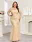 cheap Semi-formal / Cocktail-Mermaid Trumpet Floor Length Evening Gown Sparkle Plus Size Mother Of The Bride Long Sleeve Crew Neck Formal Champagne Mother Of the Bride Dress Tulle with Embroidery