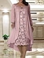 cheap Mom&#039;s Dress Sets-Beach Wedding Two Piece A-Line Mother of the Bride Dress Wedding Guest Elegant Plus Size Jewel Neck Tea Length Chiffon Lace Short Sleeve Jacket Dresses with Solid Color free custom size