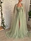preiswerte GRÜN-A-Linien Abendkleid Elegantes Kleid Hochzeits Schwarz-Weiß Gala Sweep  Brush Train Ärmellos Spaghetti-Träger Tüll mit Glitzer Rüschen Perlen