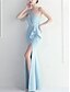 billige BLÅ-Mermaid  Trumpet Quinceanera Kjoler Elegant Kjole Bryllup Bryllup Gæst Gulvlængde Uden Ærmer En Skulder Polyester med Slids