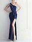 billige BLÅ-Mermaid  Trumpet Quinceanera Kjoler Elegant Kjole Bryllup Bryllup Gæst Gulvlængde Uden Ærmer En Skulder Polyester med Slids