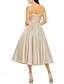 baratos Vestidos Longos / Vestidos de Gala-Vestido de Festa A-Line em Jacquard Dourado Elegante Vestido Formal Convidada de Casamento Comprimento de Chá Sem Mangas Decote Quadrado com Pregas Vestido de Convidada de Casamento Franzido