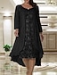 cheap Mom&#039;s Dress Sets-Beach Wedding Two Piece A-Line Mother of the Bride Dress Wedding Guest Elegant Plus Size Jewel Neck Tea Length Chiffon Lace Short Sleeve Jacket Dresses with Solid Color free custom size