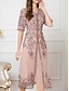 baratos Conjuntos de vestidos para mamãe-Vestido para Mãe da Noiva Vestido de Convidada de Casamento Estilo Chinês Elegante Decote em V Comprimento até o Joelho Mistura de Poliéster e Algodão Manga Curta com Bordado