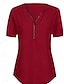 billige Plain tee-Dame T Shirt Ensfarvet Plain Mode Moderne Casual Kort Ærme V Hals Regulære Toppe Daglig Weekend Lynlås Sort Hvid Pink Vin Royal Blå Sommer