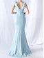 baratos AZUL-Vestidos de Quinceanera Sereia  Trompete Vestido Elegante Convidada de Casamento Longo Sem Mangas Decote em V Spandex com Babados