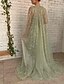 preiswerte GRÜN-A-Linien Abendkleid Elegantes Kleid Hochzeits Schwarz-Weiß Gala Sweep  Brush Train Ärmellos Spaghetti-Träger Tüll mit Glitzer Rüschen Perlen