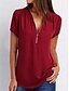 billige Plain tee-Dame T Shirt Ensfarvet Plain Mode Moderne Casual Kort Ærme V Hals Regulære Toppe Daglig Weekend Lynlås Sort Hvid Pink Vin Royal Blå Sommer