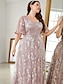 Χαμηλού Κόστους Κάτω από 129,99 $-Φόρεμα Plus Size μητέρα της νύφης κομψό V λαιμό δαπέδου μήκους δαντέλα κοντό μανίκι με δαντέλα