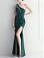 billige BLÅ-Mermaid  Trumpet Quinceanera Kjoler Elegant Kjole Bryllup Bryllup Gæst Gulvlængde Uden Ærmer En Skulder Polyester med Slids