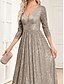 preiswerte Abendkleider-A-Linie Quinceanera Kleider Elegantes Kleid Hochzeit Hochzeitsgast Bodenlänglich 3/4 Länge Ärmeln V-Ausschnitt Baumwolle mit Pailletten