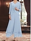 preiswerte Hosenanzüge für Mama-Kleid Sets Mutter der Braut Kleid Hochzeitsgast Elegant Einfach V-Ausschnitt Bodenlang Polyester Langarm mit Stickerei