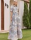 voordelige BLOEMEN-Jacquard Brocade Bloem Blauw A-Lijn Avondjurk Elegante Jurk Formele Bruiloft Vloerlengte Korte Mouwen Shirt Kraag Nylon met Split Pocket Bruiloft Gast Jurk
