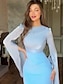abordables BLEU-Robe de fête en A robe élégante formelle de mariage longueur au sol manches longues col ras du cou satin avec broderie