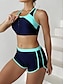billiga Bikiniset-Kvinnors badkläder tankini 2 delar shorts baddräkt rygglös mage kontroll hög midja smal semester strandkläder färgblock U-hals ärmlös baddräkt