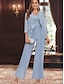billige Mors buksedragter-Buksedragt 3 Stykke Mor til Bruden Kjole Bryllup Gæst Elegant Enkel V-Hals Gulvlængde Polyester Langt Ærme med Ensfarvet