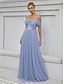 billiga Brudtärneklänningar-A-linje Tärnklänning Off Shoulder Ärm-lös Elegant Golvlängd Tyll med Enfärgad