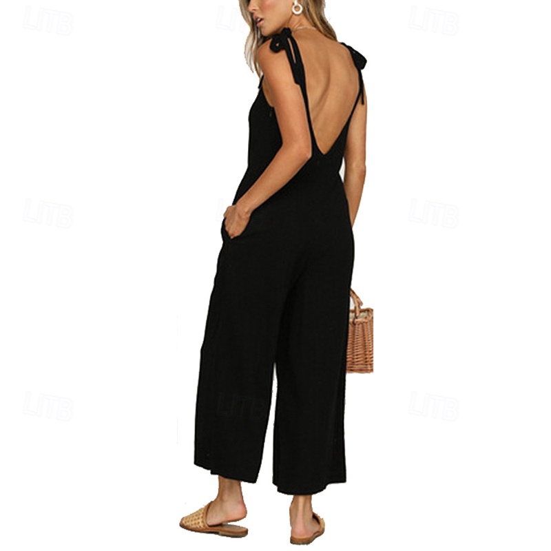 voordelige vakantie jumpsuit-Dames Normaal Jumpsuit Streetwear Effen Kleur Mouwloos V-hals Zak Werk Uitgaan Normale pasvorm Zwart Geel Leger Groen Zomer