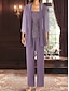 abordables Costumes-pantalons pour maman-Ensemble de Pantalon Mère de la Mariée Robe Invitée de Mariage Élégante Simple Col Bijou Longueur Longue Polyester Manches Longues avec Couleur Unie
