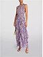 voordelige Bruiloftsgastjurken-Bruiloft Gast Jurken A-Lijn Crew Neck Mouwloos Maxi Lengte Chiffon Bloemenprint Bruidsjurken Met Ruffles