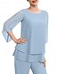 cheap Mom&#039;s Pant Suits-Two Piece Mother of the Bride Dress Elegant Simple Minimalist Crew Neck Floor Length Chiffon Half Sleeve with Cascading Ruffles