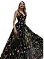 billige Ballkjoler-A-linje Quinceanera Kjoler Elegant Kjole Bryllup Bryllupsgjester Gulvlengde Uten ermer V-hals Polyester Ryggløs med Blomstertrykk Folder