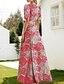 voordelige BLOEMEN-Jacquard Brocade Bloem Blauw A-Lijn Avondjurk Elegante Jurk Formele Bruiloft Vloerlengte Korte Mouwen Shirt Kraag Nylon met Split Pocket Bruiloft Gast Jurk