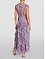 voordelige Bruiloftsgastjurken-Bruiloft Gast Jurken A-Lijn Crew Neck Mouwloos Maxi Lengte Chiffon Bloemenprint Bruidsjurken Met Ruffles